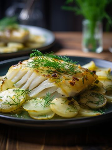 Roast Cod with Sliced Potatoes and Fennel