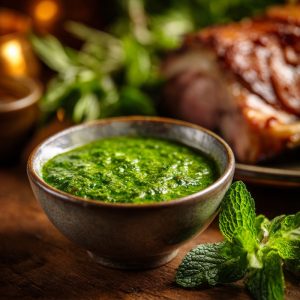 A bowl of mint sauce to be served with roast leg of lamb.