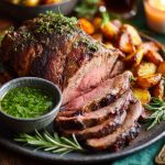 A beautifully roasted boneless leg of lamb accompanied by a small bowl of vibrant green mint sauce.