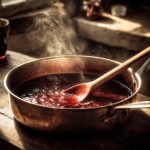 A deep red wine reduction sauce simmering gently, glossy and thick