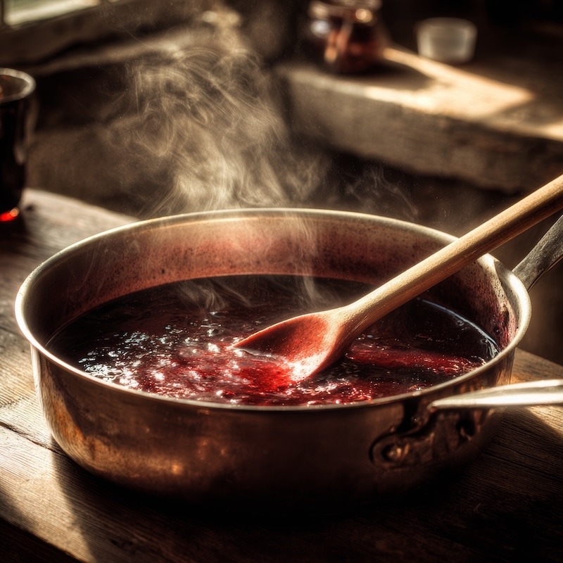 A deep red wine reduction sauce simmering gently, glossy and thick