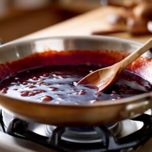 red wine reduction at the glossy, nearly-done stage sauce coating the pan edges
