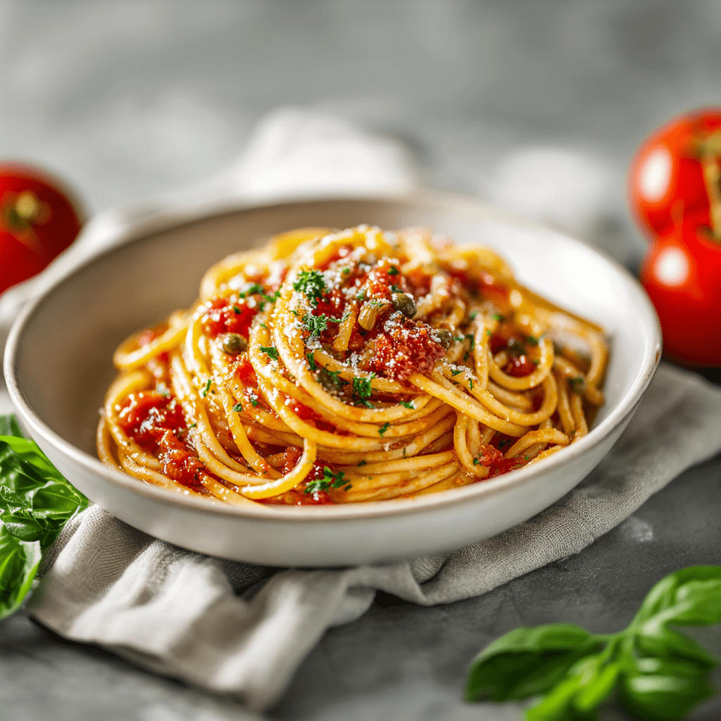 A bowl of spaghetti with tomato and capers sauce