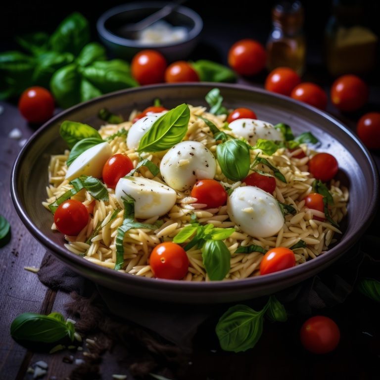 A beautiful caprese-style orzo salad in a regional bowl