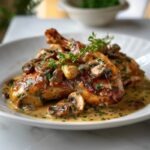 Classic French Chasseur sauce spooned over roasted rabbit