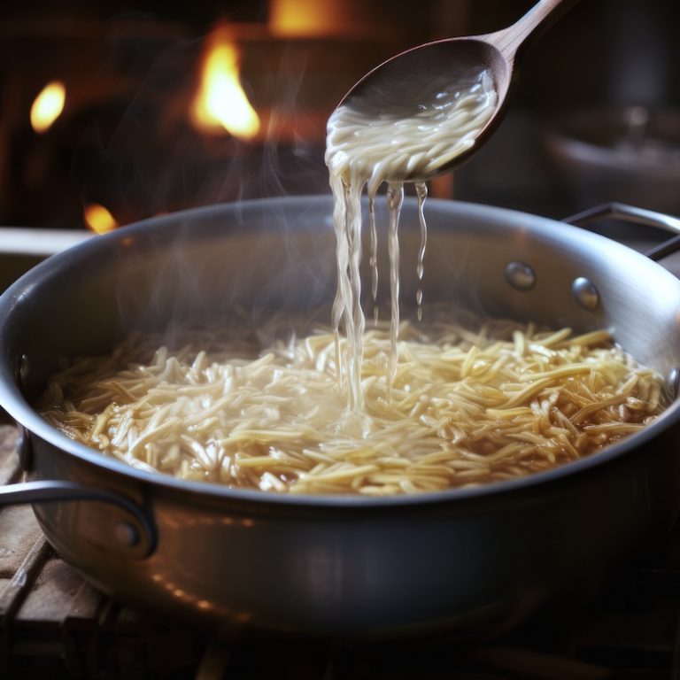 Preparing orzo in a large pot of water