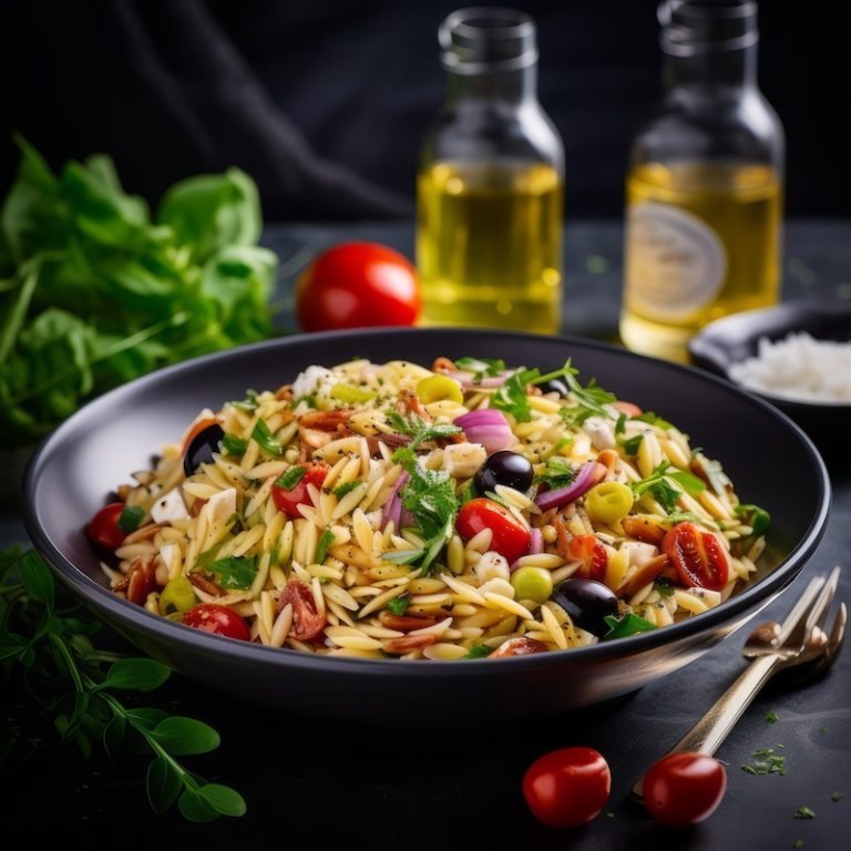 A bowl of orzo salad