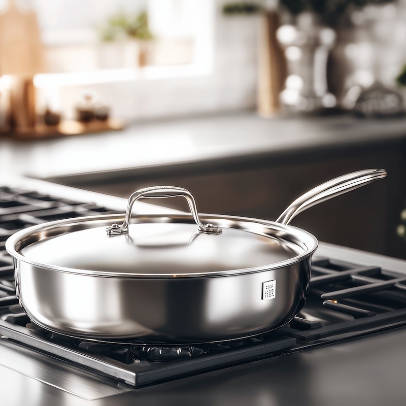 a stainless steel sauté pan on a gas stovetop