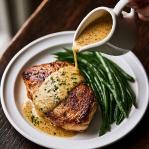 Mustard white wine sauce in a small white ceramic pitcher being poured over a pan-seared chicken breast