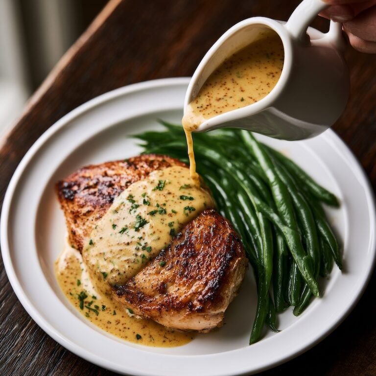 Mustard white wine sauce in a small white ceramic pitcher being poured over a pan-seared chicken breast
