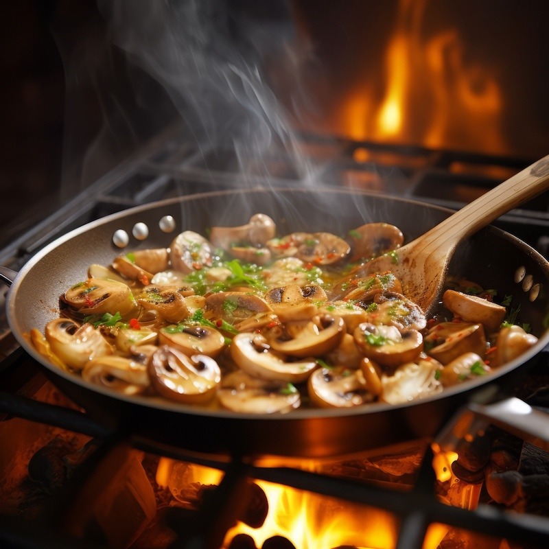 Mushrooms Being Sauteed in a Frying Pan