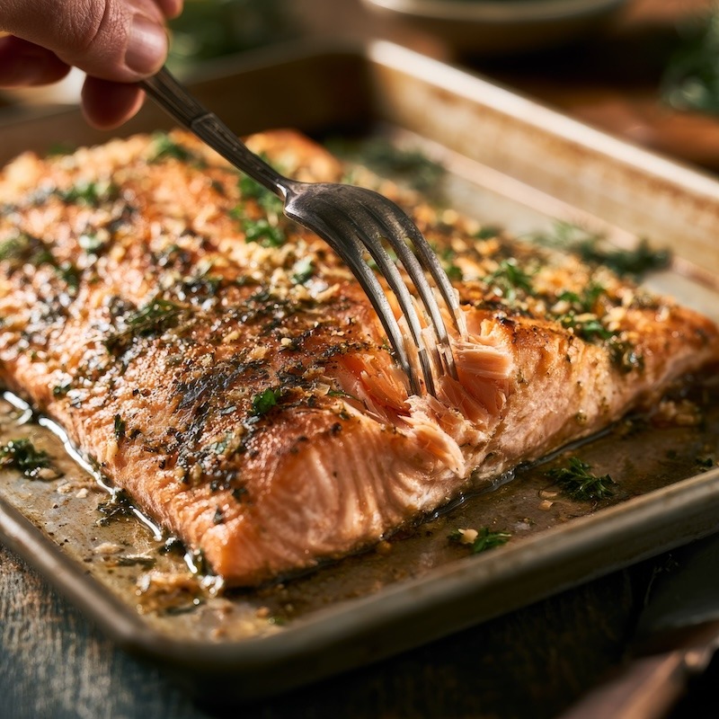 a fork gently flaking a salmon fillet on a sheet pan straight from the oven