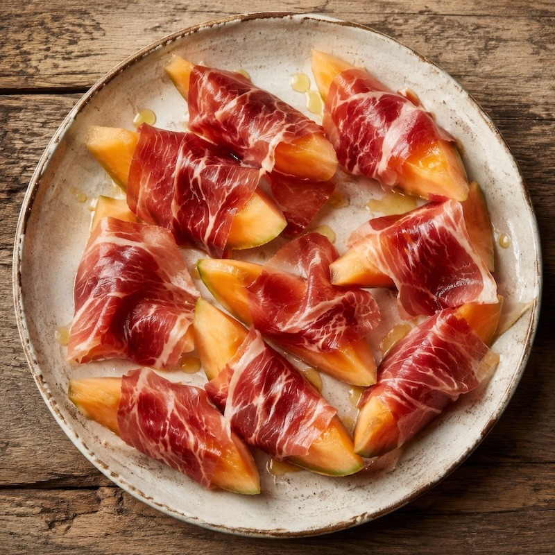 Mellon wrapped in jamon iberico ham