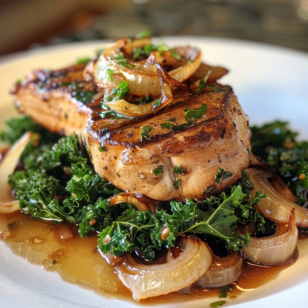 Pork Chops with Kale and Onions