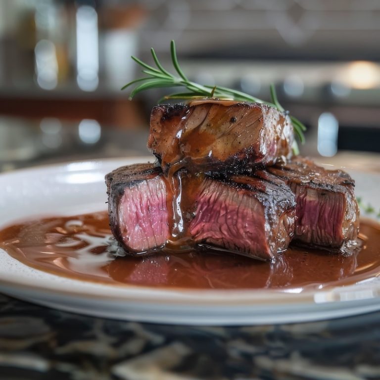 A steak with rich Burgundy sauce