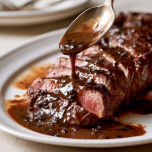 A glossy dark brown Perigueux sauce being spooned over a sliced strip steak on a white plate