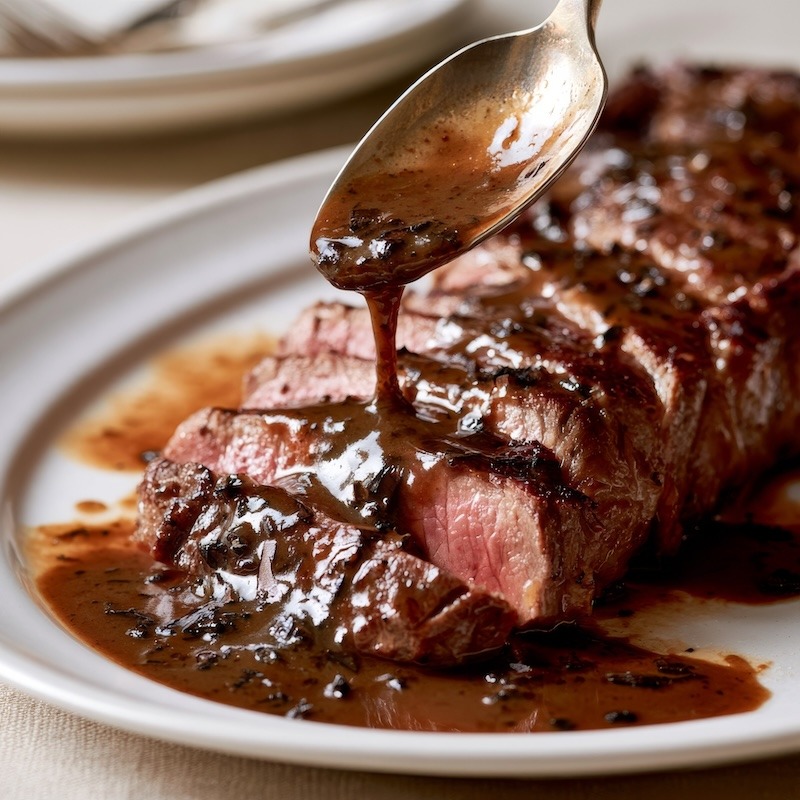 A glossy dark brown Perigueux sauce being spooned over a sliced strip steak on a white plate