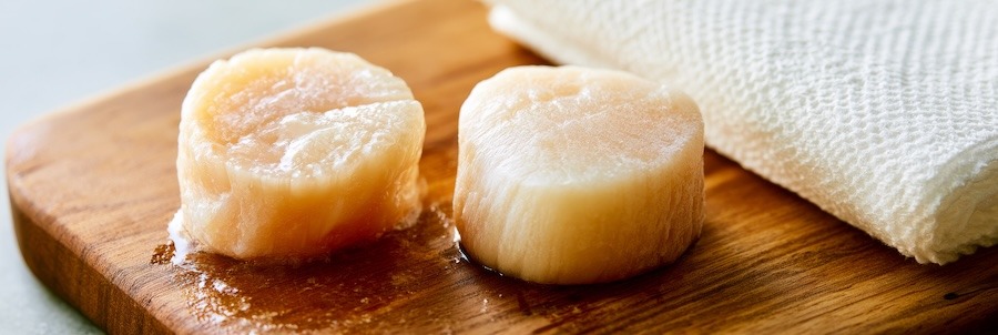 Two raw sea scallops out of their shells, side by side on a wooden cutting board