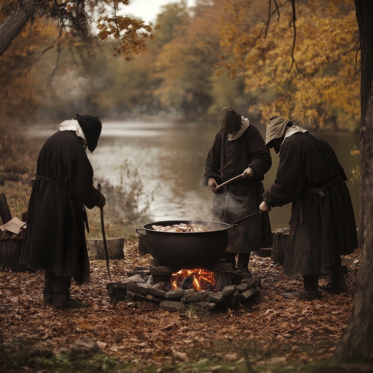 Pilgrims Preparing Fish Stew for Thanksgiving Feast