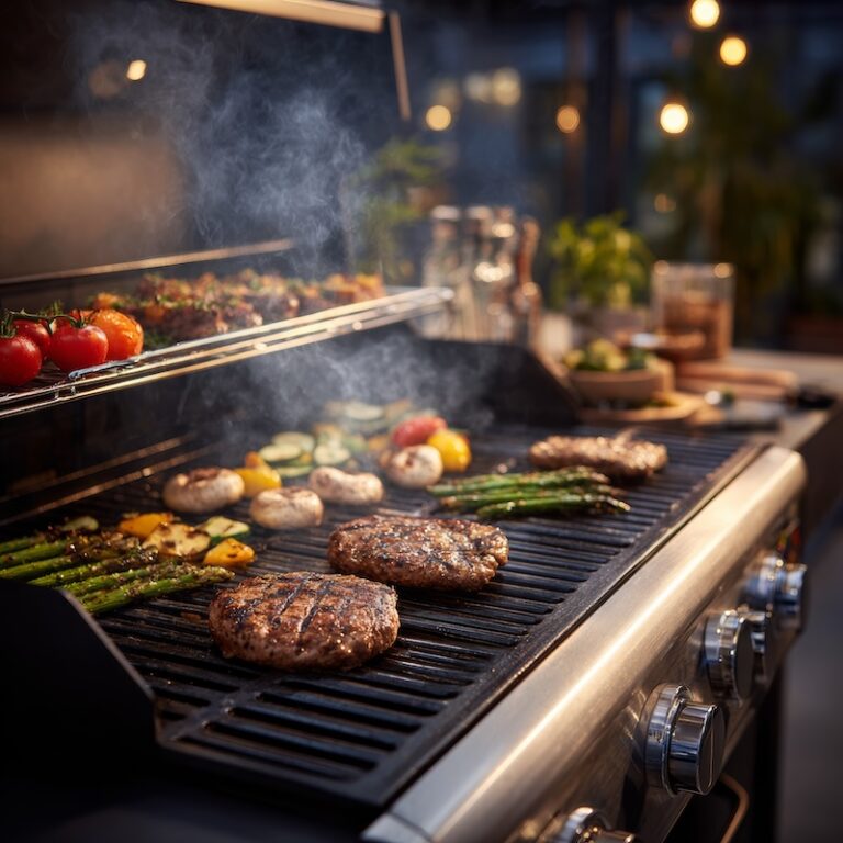 backyard grilling scene with steaks, burgers, and vegetables cooking over a clean gas grill