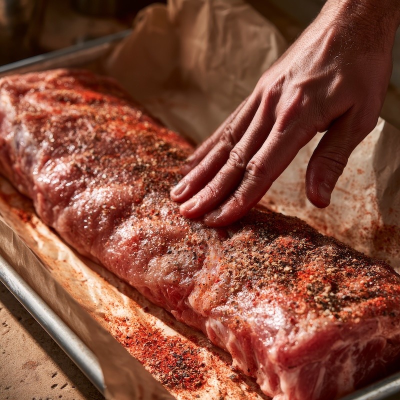 A hand rubbing a paprika onto a raw rack of pork ribs on a butcher paper-lined tray
