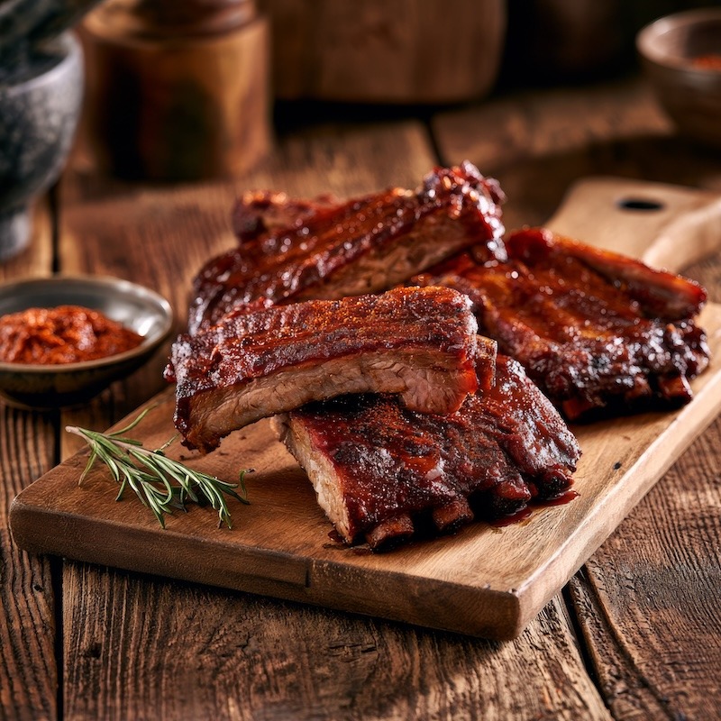 Finished smoked ribs with a deep reddish-brown bark resting on a wooden cutting board