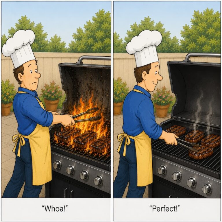 Cartoon of the Reluctant Gourmet grilling steak