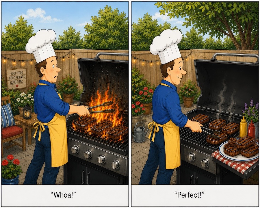 Cartoon of the Reluctant Gourmet grilling steak