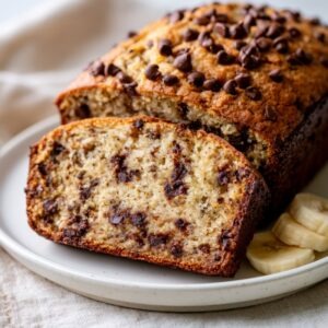 A thick slice of banana bread with chocolate chips on a white ceramic plate