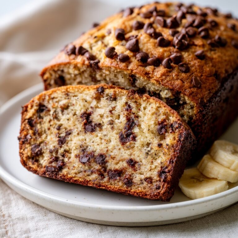 A thick slice of banana bread with chocolate chips on a white ceramic plate