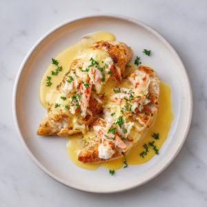 Chicken Breast Topped with Crab Meat Topped with Hollandaise Sauce