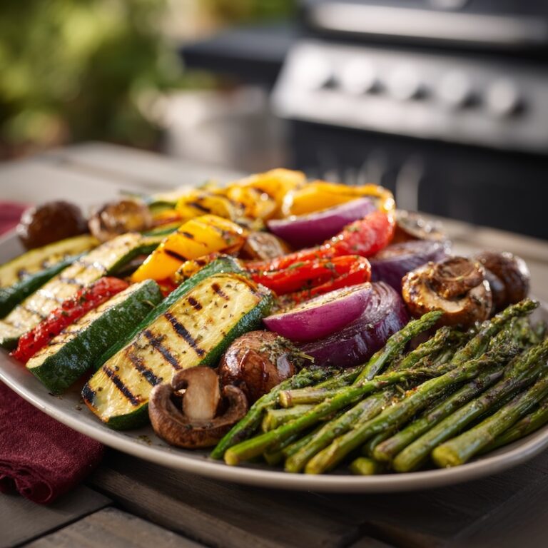 Grilled vegetables arranged on a large platter