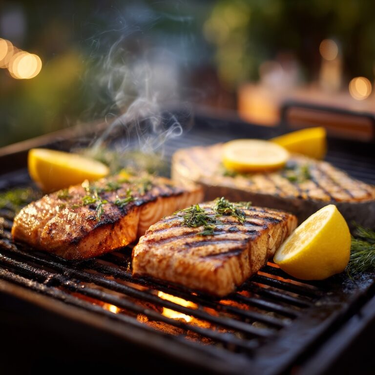 Perfectly grilled salmon, tuna steak, and mahi-mahi on a clean outdoor grill