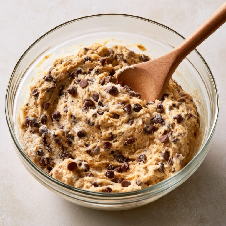A large glass mixing bowl of banana bread batter with chocolate chips just folded in