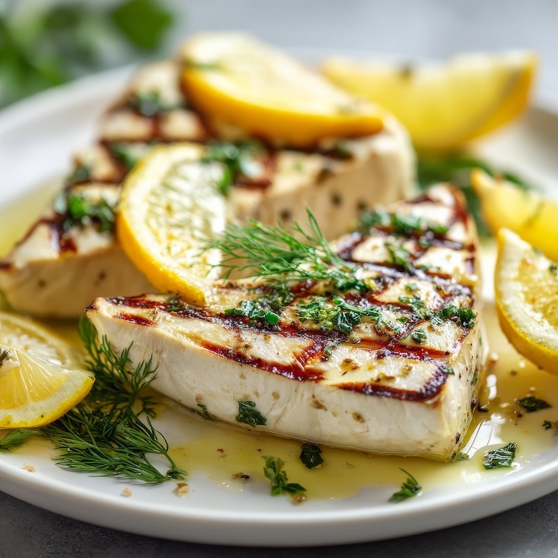 Perfectly grilled salmon with herbs and lemon on a white plate