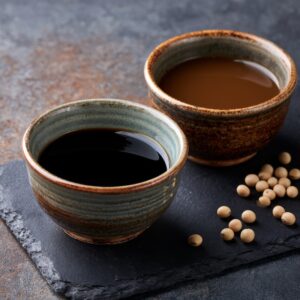 Two small ceramic dipping bowls side by side, one filled with soy sauce, one with tamari