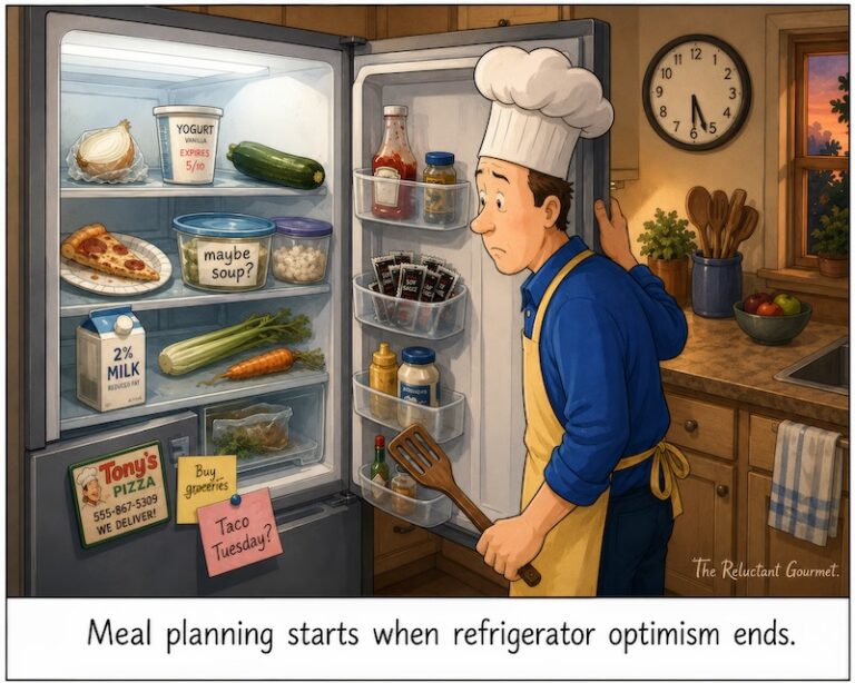 Cartoon - looking into a mostly empty refrigerator