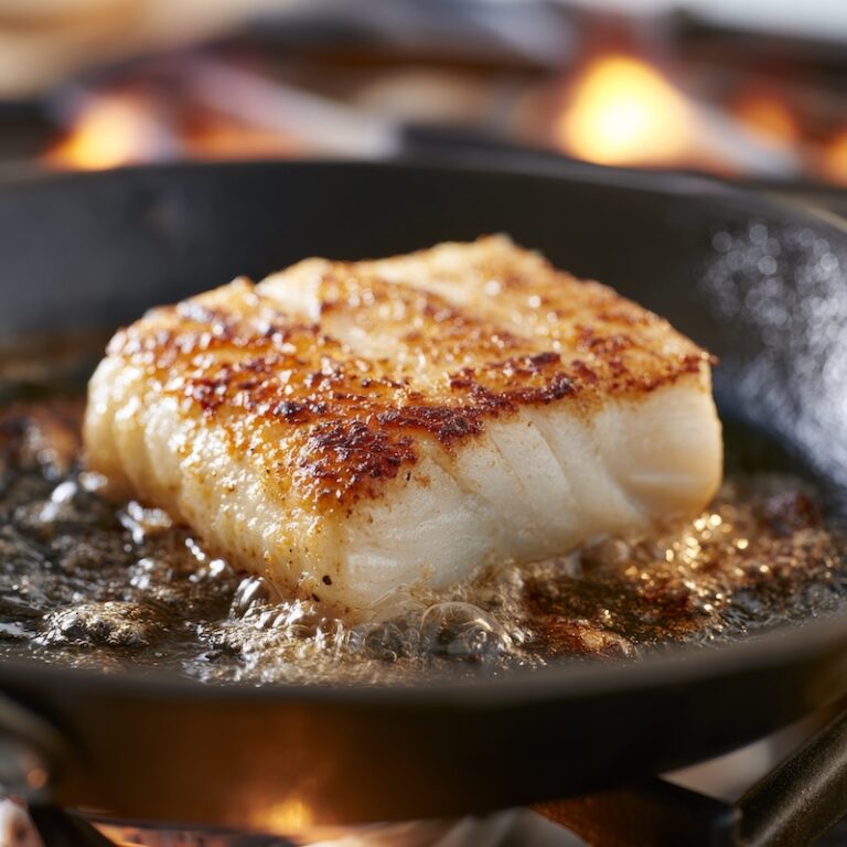 Cod fillet searing in a skillet, golden edges forming