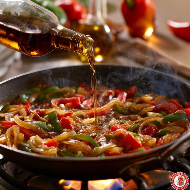 Dry sherry being poured into a hot pan over sautÃ©ed onions, peppers, and garlic