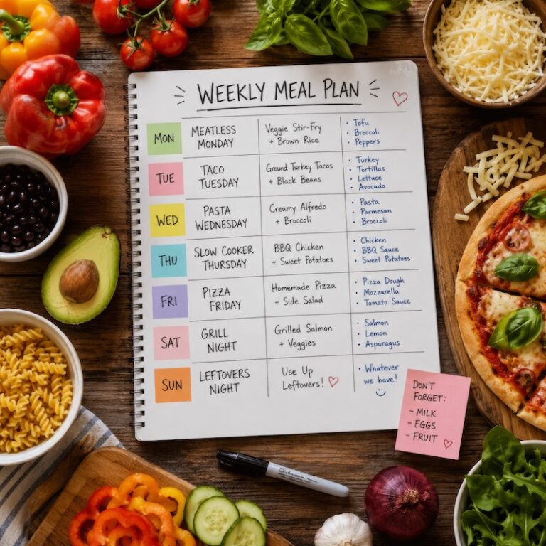 A weekly meal planner surrounded by foods