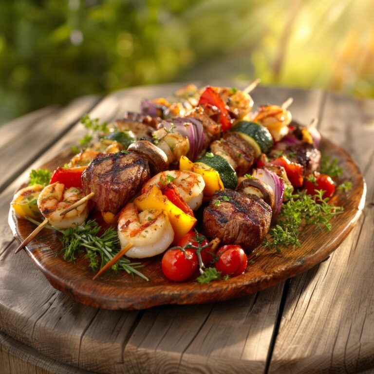 grilled kabobs arranged on a large rustic serving platter