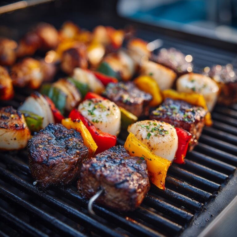 Perfectly grilled steak, chicken, and scallop kabobs on metal skewers