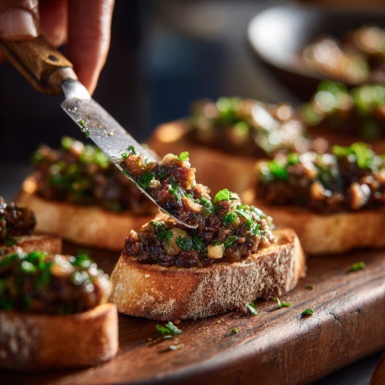 homemade olive tapenade being spread onto grilled crostini