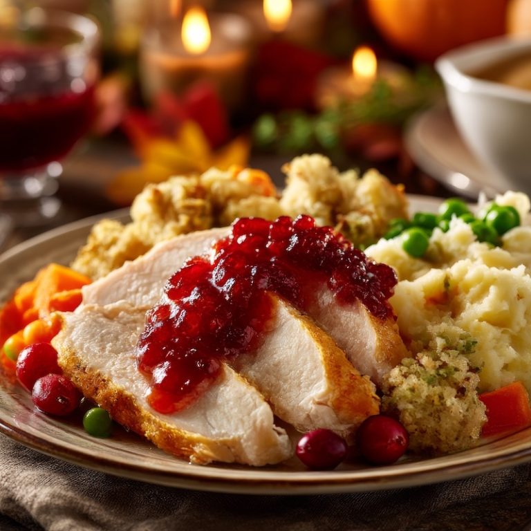 Cranberry Sauce with Sliced Turkey Breast at Thanksgiving