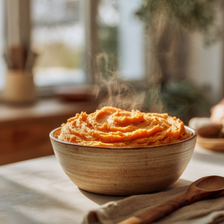 Creamy mashed sweet potatoes in a rustic ceramic bowl