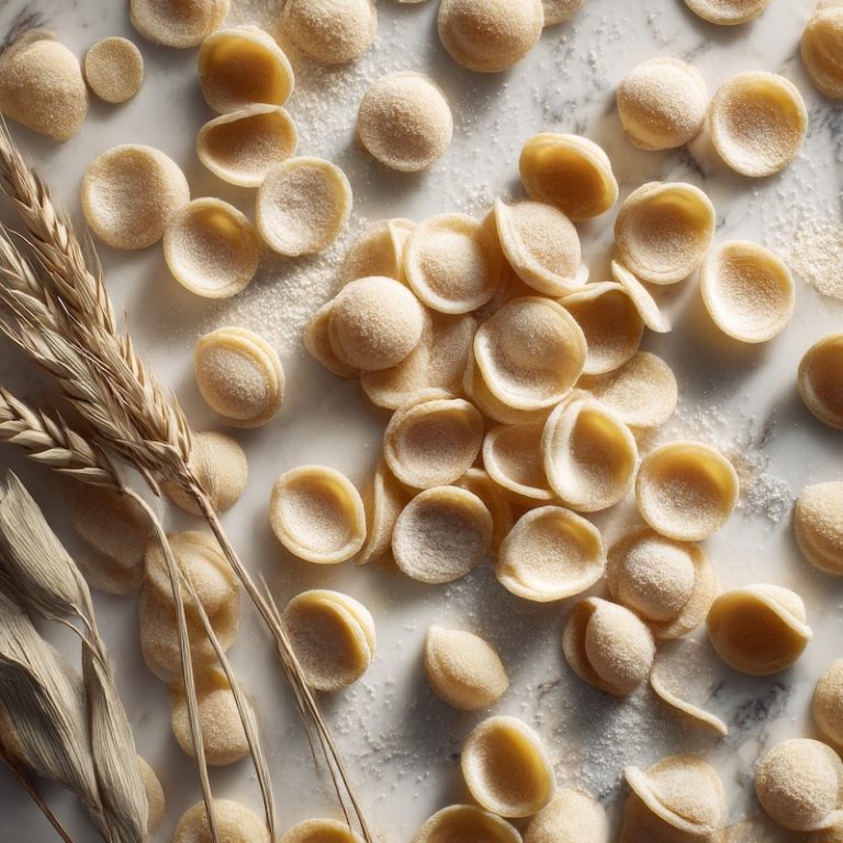 Orecchiette pasta spread across a marble slab.