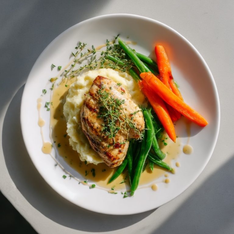 Plating chicken, carrots, and green beans.