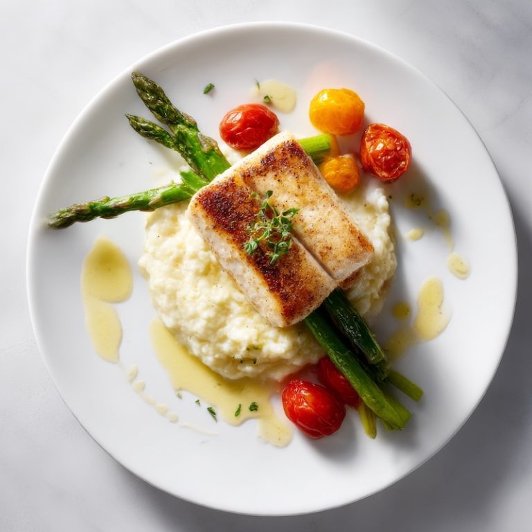 Plating fish with asparagus, tomatoes, and risotto.