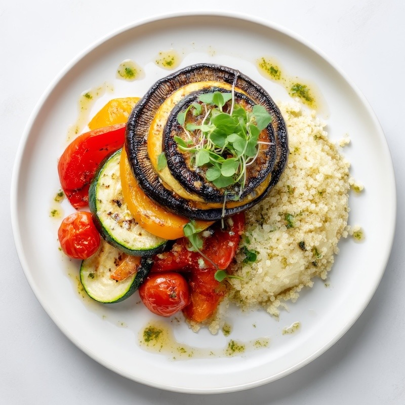 Plating a vegetarian meal of portobello mushrooms, peppers, and couscous.