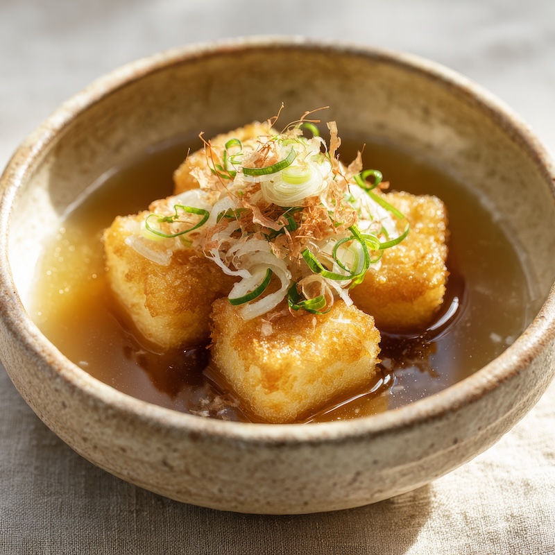 Agedashi Tofu in a bowl with toppings